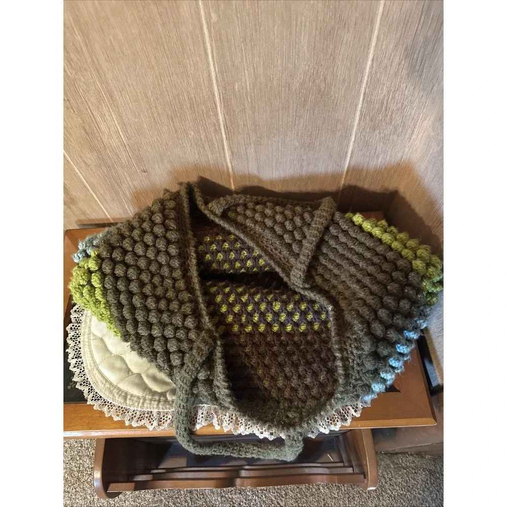 Vintage‎ LargeDouble Handled Crochet Bubble Stitch Hobo Bohemian Style Handbag